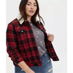 Torrid Buffalo Plaid Sherpa Collar Trucker Jacket Red Black Plus Size 1X